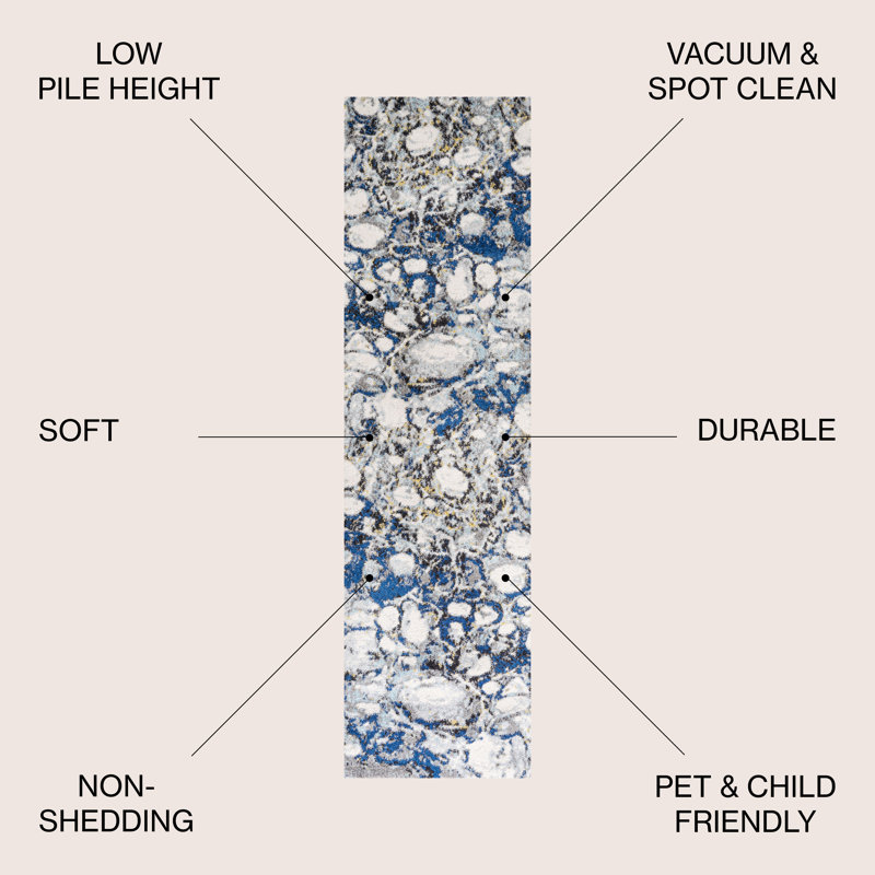 Strausstown Marbled Abstract Dark Gray/Blue Rug, Runner 2'3" x 8'