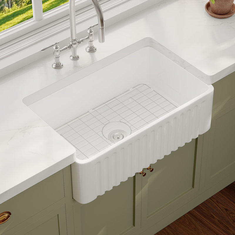  Brooklyn 30" W x 18" D Ceramic Farmhouse Apron-Front Kitchen Sink With Sink Grid and Basket Strainer, 30" L x 18" W x 10" H