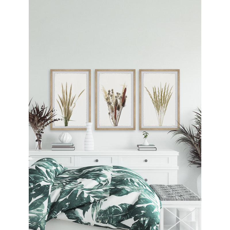 Graminées et fleurs triptyque, H 18 po x l 12 po