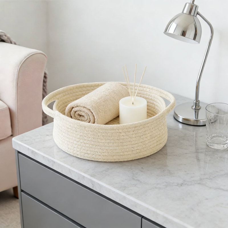 Handmade Woven Storage Basket With Handles, Decorative Organizer Bin For Shelves, Closets, And Home Decor, Natural Rope Gift Basket