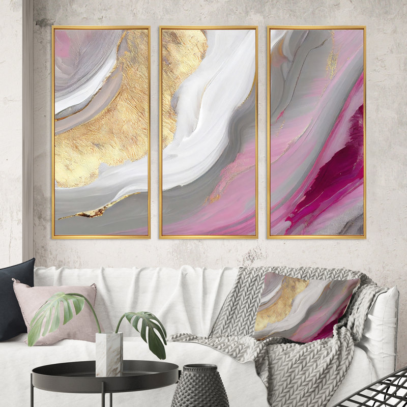 Rose et or marbré abstrait VI - ensemble d'art mural moderne sur toile, H 28 po x l 36 po x P 1 po, Encadrement doré