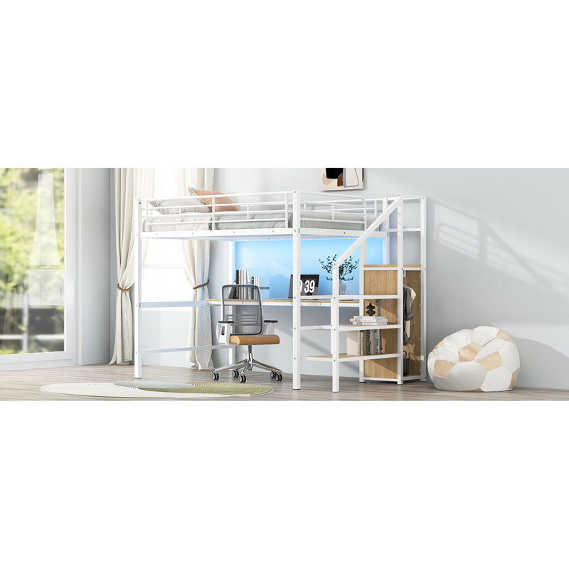 Lit mezzanine pleine grandeur en métal, teinte blanche, bureau, escalier de rangement, petite armoire, chambre à coucher à 7 couleurs, multifonctionnel, salon compact