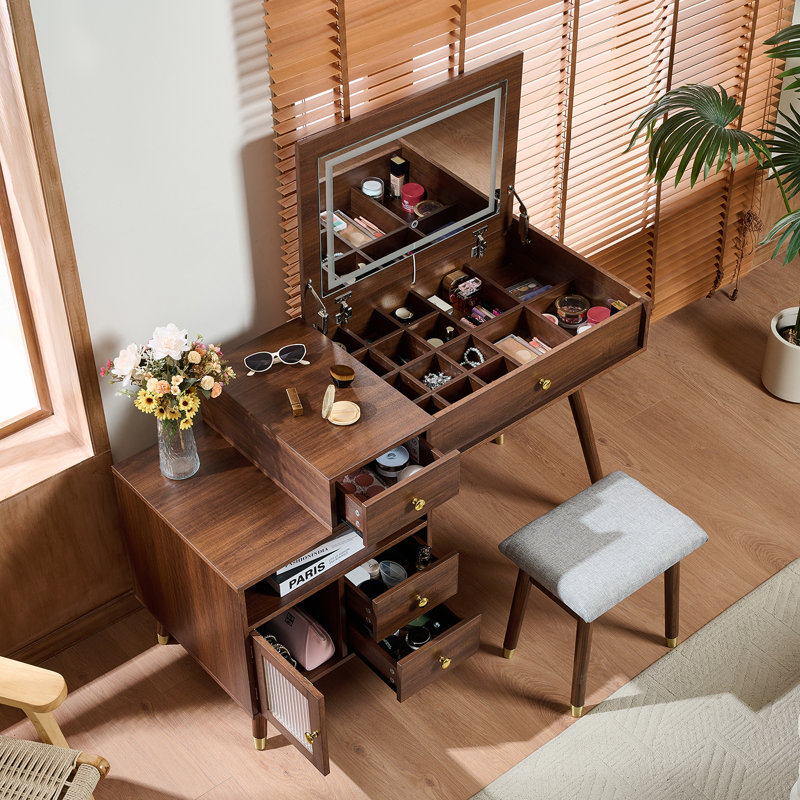 Meuble-lavabo 51 po 3 en 1 avec miroir basculant éclairé, armoire réglable, coiffeuse à maquillage avec tabouret, commode à tiroirs noyer