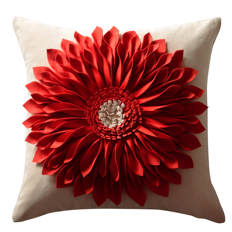 Appliqued Floral Accent Pillow Cover Sunflower Decorative Throw Pillow Case 18in, Orange/Beige