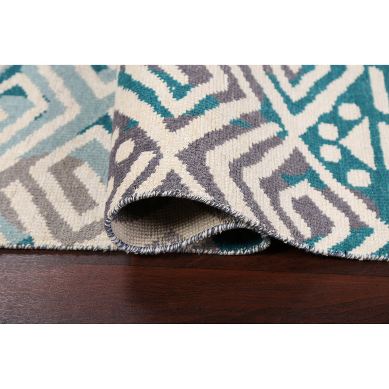 Tapis bleu / blanc / brun noué à la main de conception unique 5 pi x 7 pi 11 po New Age