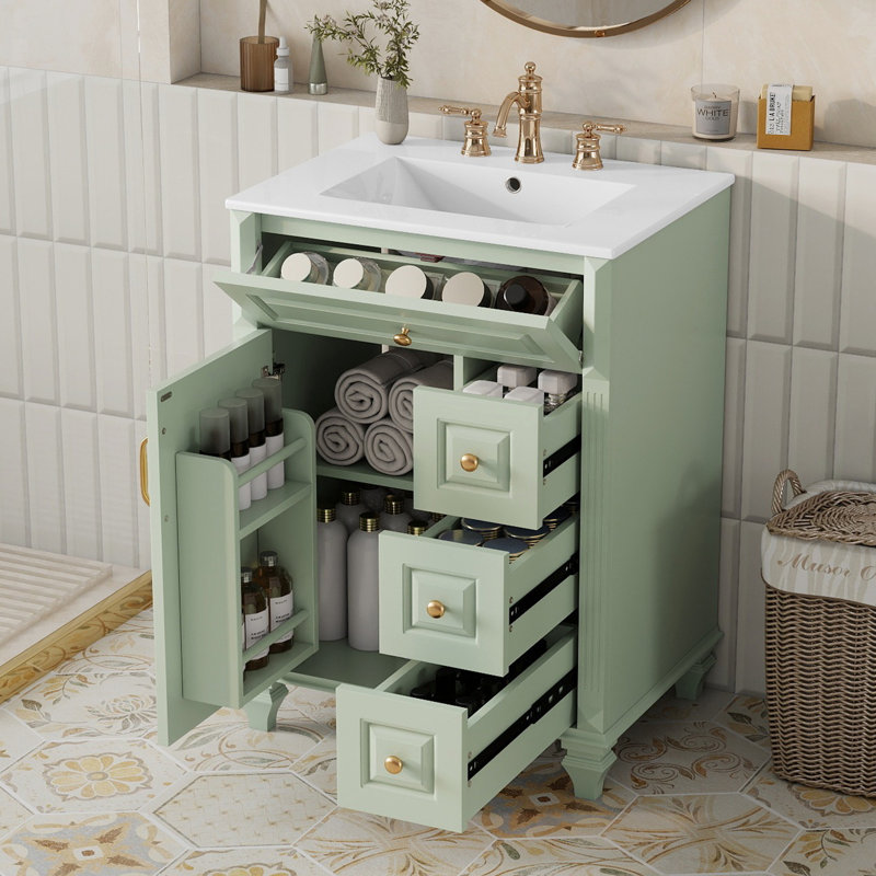 24" Bathroom Vanity with Ceramic Sink, Freestanding Vanity Cabinet with Flip-Out Drawer, 3 Drawers & Storage Cabinet, Solid Wood & MDF, Green