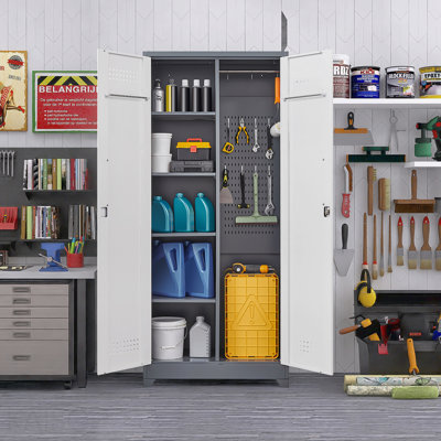 Armoires à outils grises en métal grises avec portes verrouillables Armoires de rangement pour outils à balais hauts Tablettes réglables Grands armoires pour cuisines Bureaux