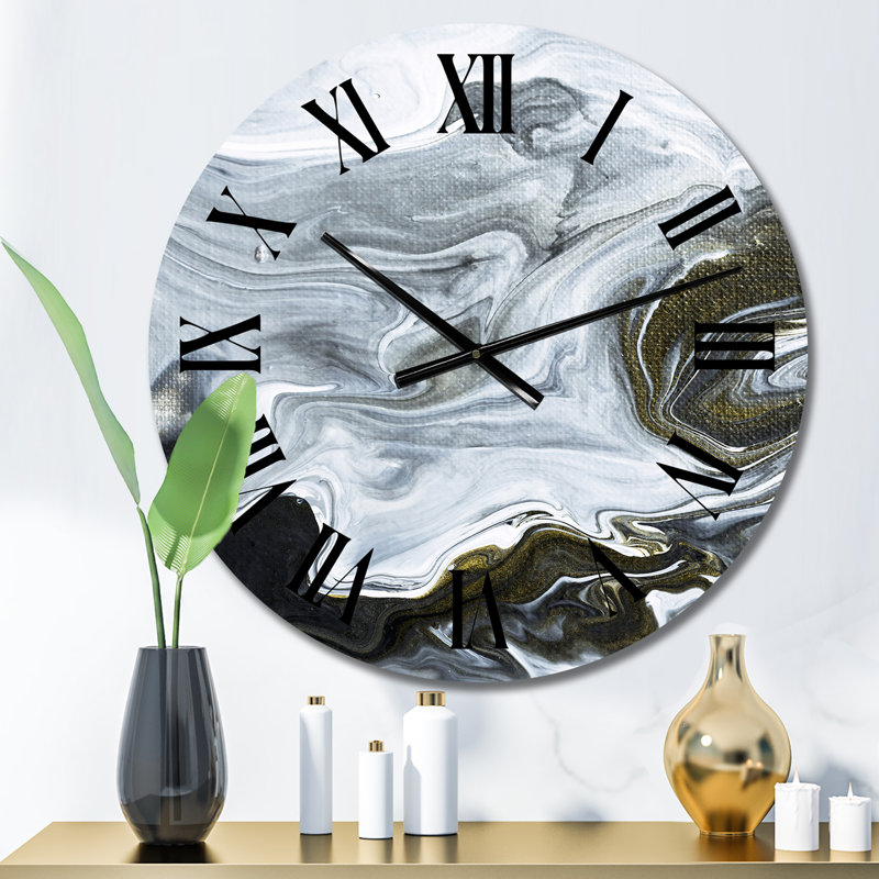 Art liquide abstrait en marbre noir et blanc - horloge murale moderne, Moyen