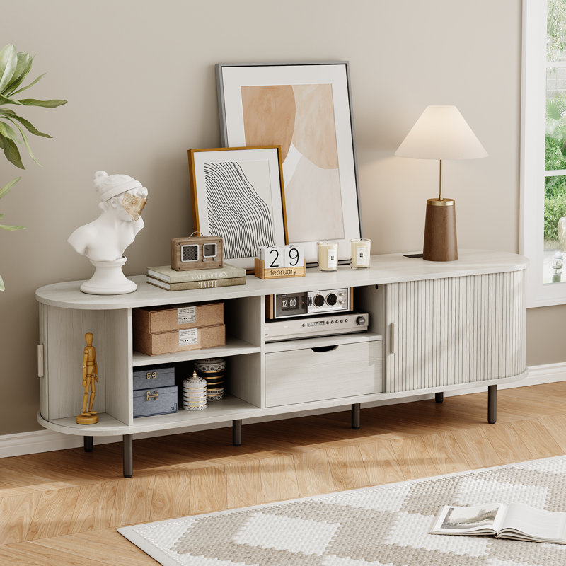 Meuble télé pour téléviseur de 80 po ou moins en bois manufacturé et moderne, 21.7" H x 68.9" W x 15.7" D, Blanc