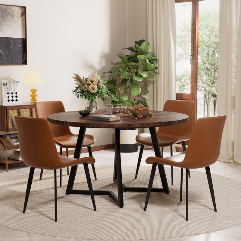 Mid Century Round Dining Table Sets, Brown, Walnut, 5