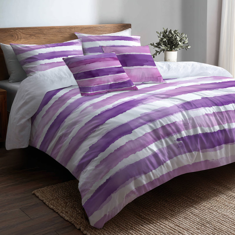 Ensemble de literie 5 pièces French Country - Ensemble de housse de couette et de coussin rayé mauve et blanc à rayures lavande