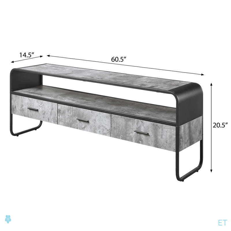 Concrete Grey And Black Drawer TV Stand, 20.47" H x 60.52" W x 14.52" D
