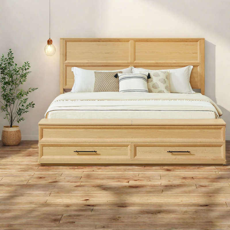 Très grand lit en chêne peu encombrant avec banc de rangement multifonctionnel et style moderne