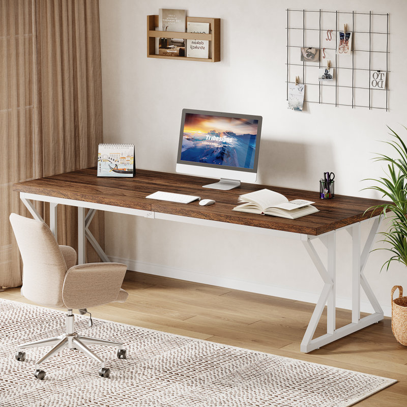 Metal Base Computer Desk, Rustic Brown/White, 29.92" H x 78.74" W x 27.56" D