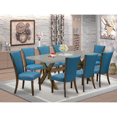 9 Piece Dining Table Set Includes a Rectangle Kitchen Table with X-Legs and 8 Blue Color Linen Fabric Parson Dining Room Chairs, Distressed Jacobean Finish