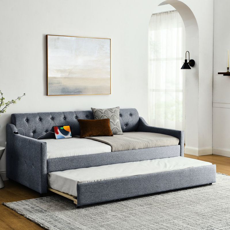 Lit de jour simple avec texture en lin, charge, gigogne dressable, structure de construction robuste, assise de chargement en tissu d'ameublement gris et touche de style détachable, cadre pouvant supporter 300 lb