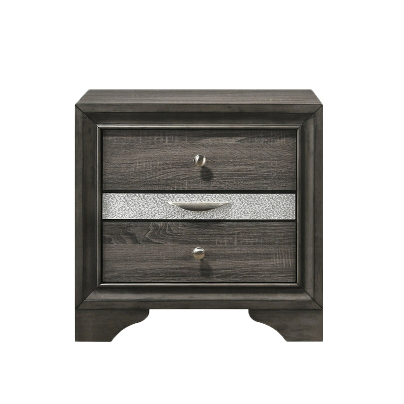 Table de chevet 2 tiroirs et 1 tiroir à bijoux, surface texturée grise, choix pratique et mobilier contemporain avec butée de surface