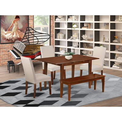 5 Piece Kitchen Table Set Includes a Rectangle Butterfly Leaf Table and 2 Cream Linen Fabric Parson Chairs with 2 Benches, Mahogany
