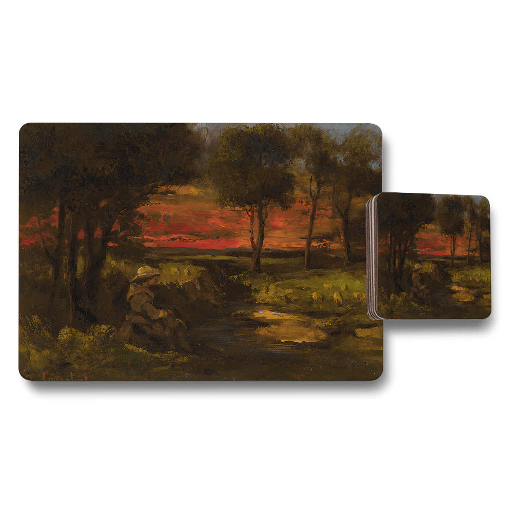 Sunset Landscape Placemat And Coaster Set With Rustic Grove Artwork
