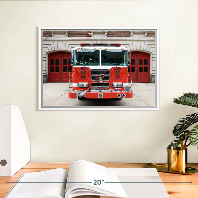 Grand camion de pompier rouge, Cadre flottant blanc, 13 po x 9 po