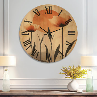 Très grande horloge murale florale silencieuse en bois - Tulipes Mid-Century