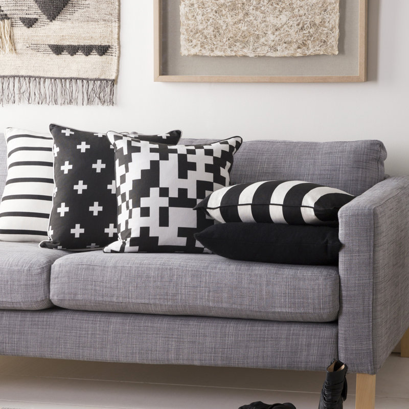 Inga Puzzle Cotton Throw Pillow Cover, White/ Black, Down