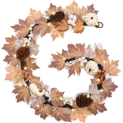  Fall Maple Leaves Garlands for Mantle, 6ft Autumn Garlands with Pumpkins Lights for Table Centerpiece, Fall Harvest Decorations for Home Mantle Fireplace Outdoor Hallowen Decor-Breige