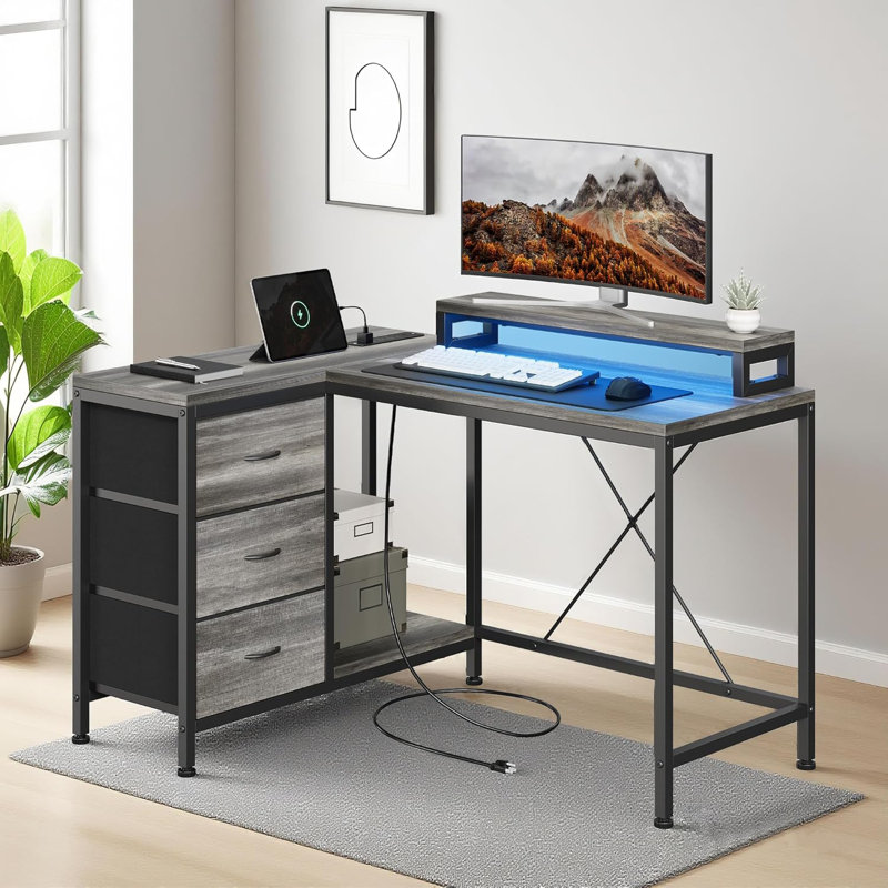 L Shaped Office Desk with Power Outlets, Computer Desk with Drawers, Shelves, for Gaming, Corner Work, Home Office, Study