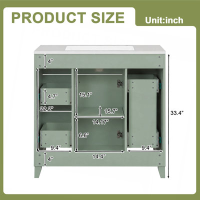 Meuble-lavabo 36 po avec lavabo en céramique, cadre en bois massif vert, portes à fermeture douce, tablettes réglables, 3 tiroirs, y compris un tiroir à double profondeur pour le rangement du sèche-cheveux