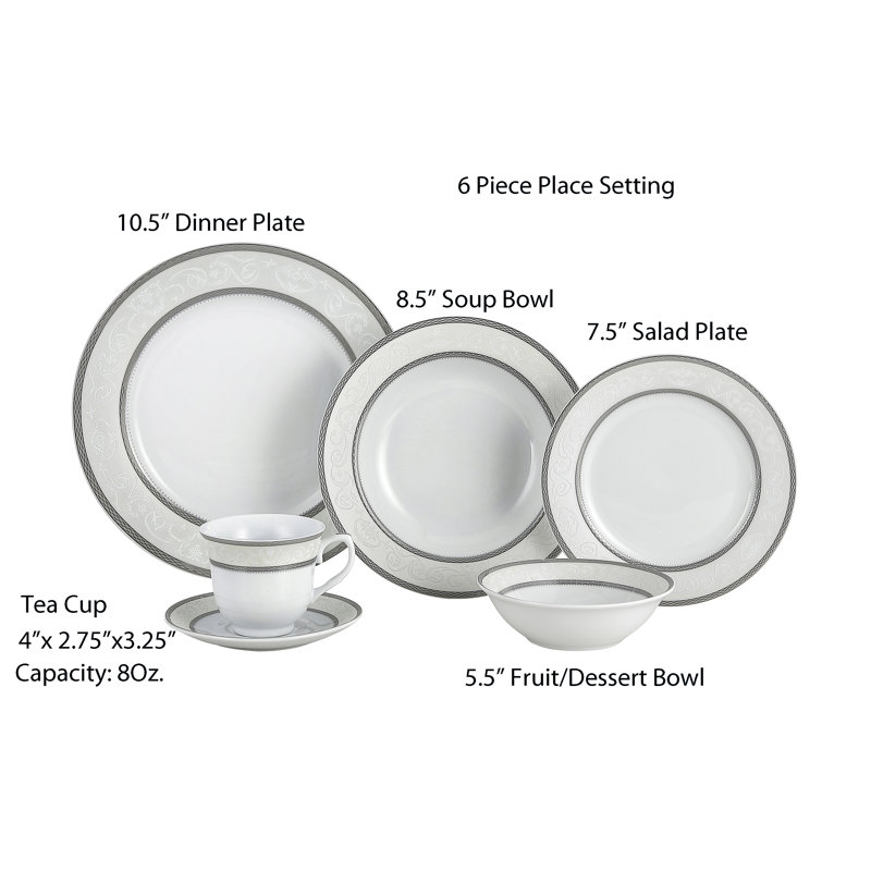 Silver Floral Porcelain 24-Piece Dinnerware Set, Service for 4