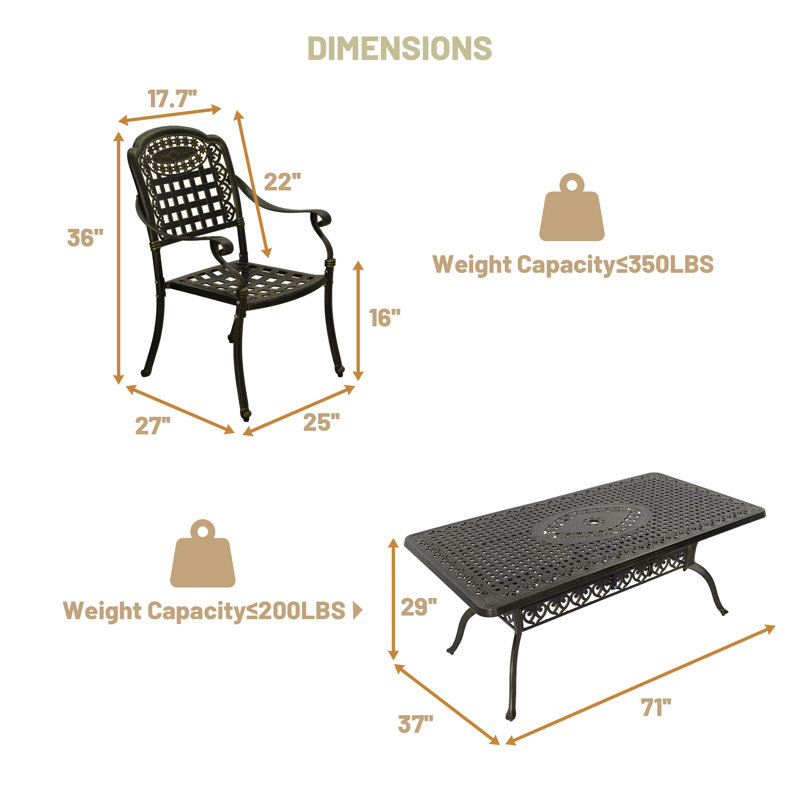 Ensemble repas extérieur en fonte d'aluminium pour 6 personnes Richette, P 71 po x l 37 po x H 29 po