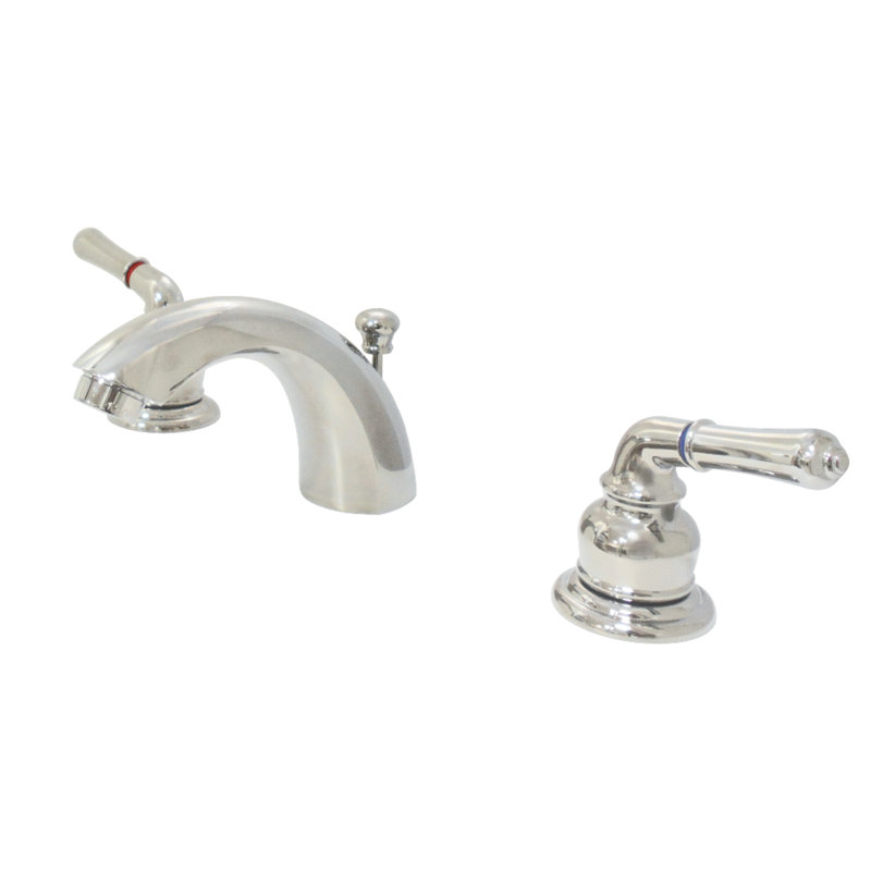 Kingston Brass Magellan Two-Handle 3-Hole Deck Mount Mini-Widespread Bathroom Faucet with Plastic Pop-Up, Polished Nickel