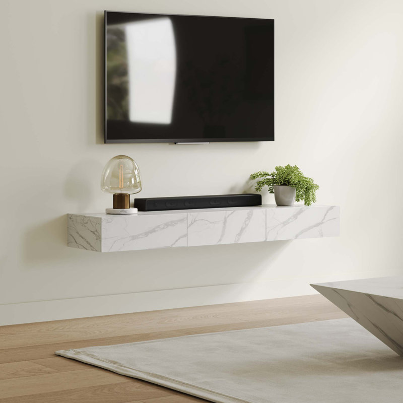  Floating TV Stand, Entertainment Center with Drawers, Solid Wood, Fully-Assembled, White, 70.87"
