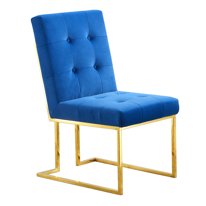 De 2 chaises de salle à manger modernes - base en acier inoxydable, velours bleu, doré et velours à utilisation instantanée, aucun effort d'assemblage requis