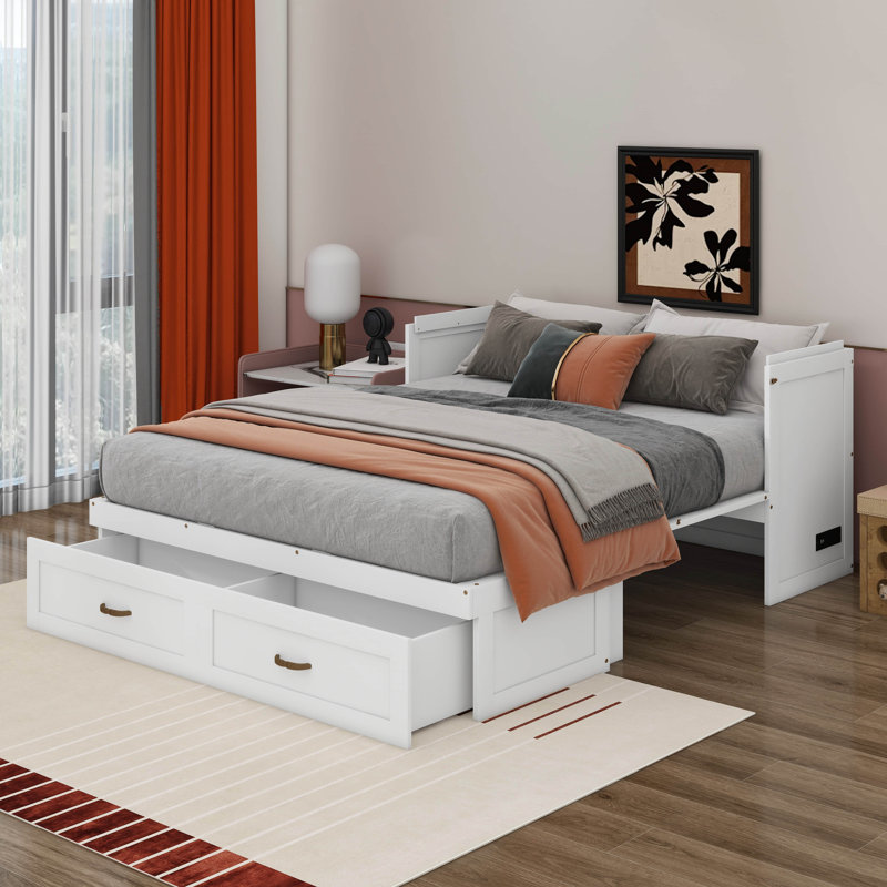 Grand lit escamotable avec ports USB, grands tiroirs et poignées en métal, Blanc