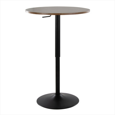 Contemporary Round Adjustable Bar Table, Warm Brown Solid Wood Top, Black Steel Base, 27.5-Inch