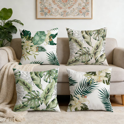 Ensemble de 4 taies d'oreiller de style tropical avec housse de coussin à fermeture à glissière cachée en fibre de polyester de 17,71 po x 17,71 po de style tropical