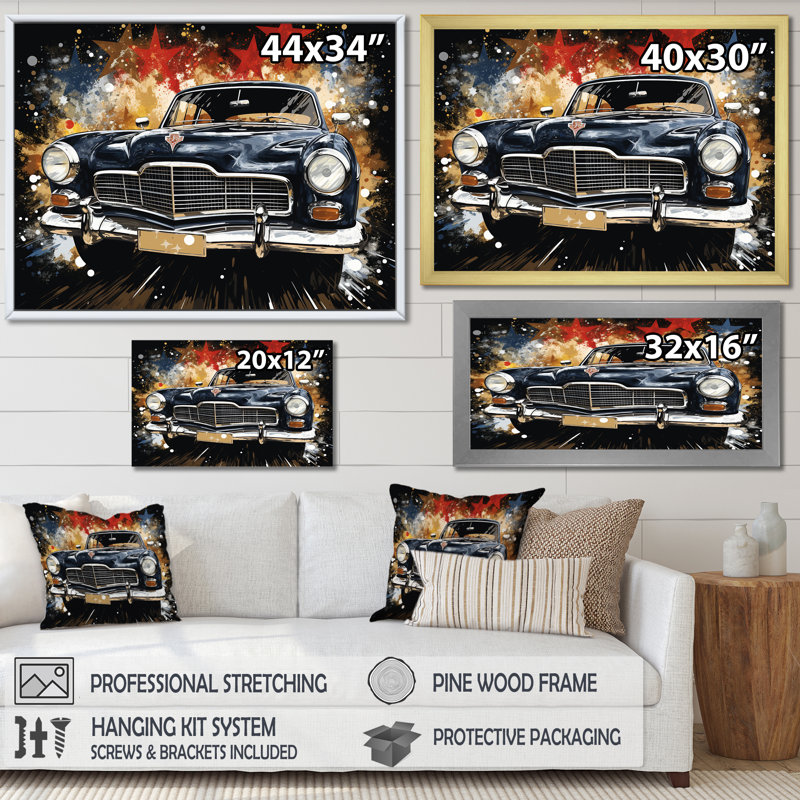 Voiture américaine rétro noire classique - art mural américain ancien, Cadre flottant noir, H 16 po x l 32 po x P 1 po