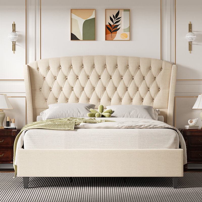 Lit plateforme tapissier Alaijha, Grand, Beige