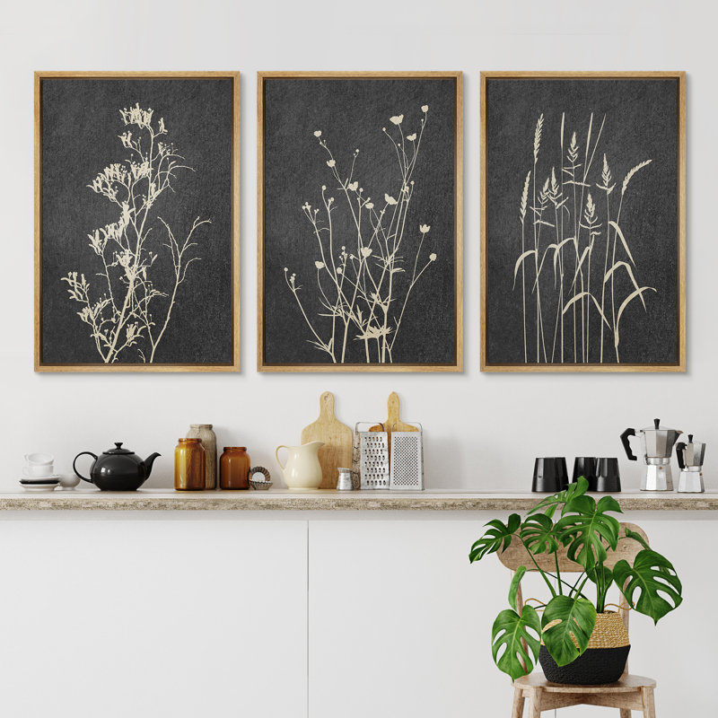 Black Gray Floral & Botanical Neutral Decor Minimalist Framed On Canvas 3 Pieces Print Wall Art, 36" H x 24" W x 1.5" D