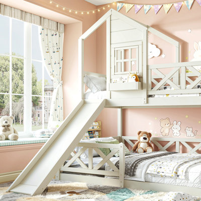 Twin Over Full House Bunk Bed Frame with Slide, Wooden Playhouse Loft Bunk Bed with X-Shaped Safety Guardrail, Window & Storage Space, No Box Spring Needed, Beige