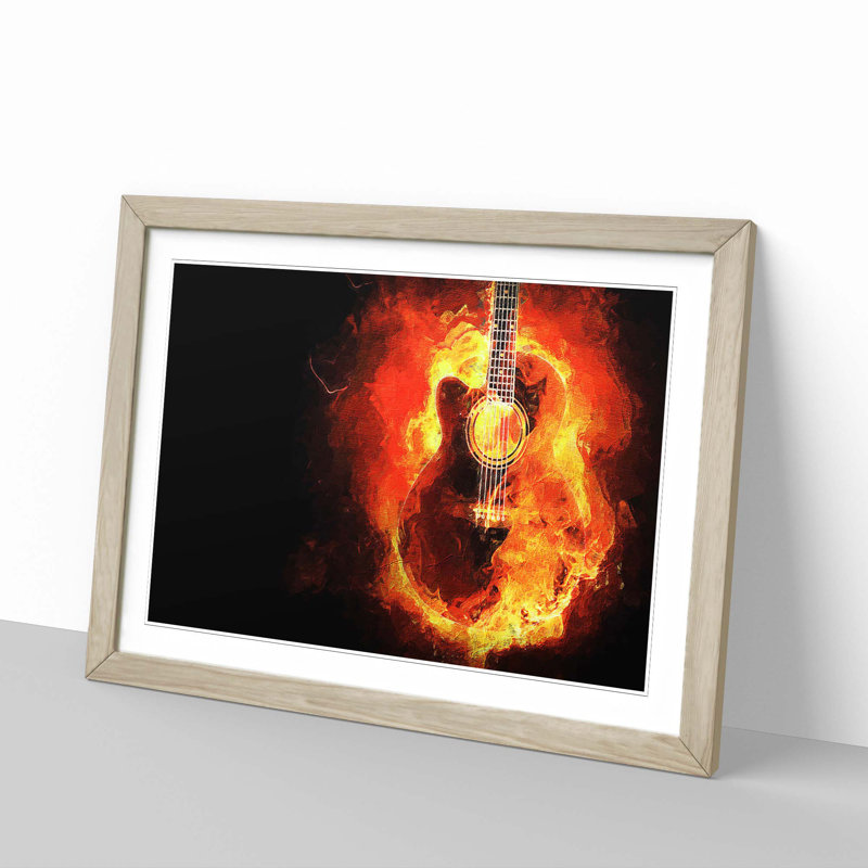 Acoustic Guitar In Flames - Single Picture Frame Print, Oak Framed, 45cm H x 63cm W x 2cm D
