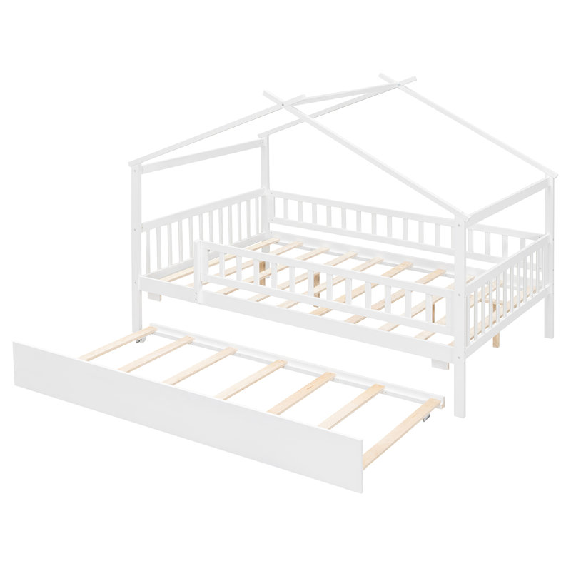 Lit double en bois avec lit gigogne simple, blanc, Lit double, Blanc