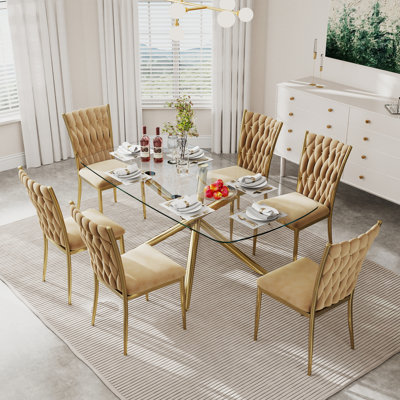 Ensemble de table de salle à manger rectangulaire de luxe moderne de 71 pouces, plateau en verre trempé avec base en métal, chaises rembourrées en velours avec pieds en métal doré, ensemble de cuisine et de salle à manger 6/7/9 pièces pour la salle à manger, le salon, le restaurant, le coin-repas, meubles contemporains Glam