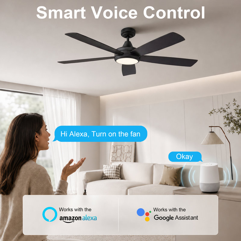 52" 5-Blade Smart Ceiling Fan with Light, WiFi/APP/Voice/Remote, 6 Speed High Airflow Low Noise DC Motor Reversible Airflow