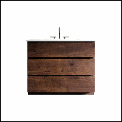 Meuble-lavabo de 30 po en noyer avec lavabo, 3 trous de robinet, grand rangement, autoportant pour salle de bain moderne, lavabo une pièce blanc