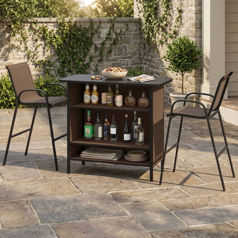 3-Piece All-Weather Outdoor Bar Bistro Set, 2 Bar Stools With Stable Non-Slip Footrest, 1 Bar Table With 2-Tier Storage Shelf, Rust-Proof Reinforced Frame Suitable For Patio Bar, Backyard