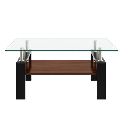 Transparent Glass Rectangle Coffee Table with Tempered Glass Top and MDF Shelf, Living Room Modern