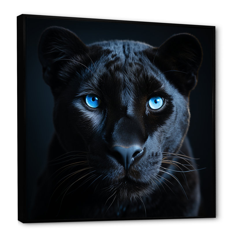 «Blue and Black Panther Portrait II» - art mural animal de panthère, Cadre flottant noir, H 16 po x l 16 po x P 1 po