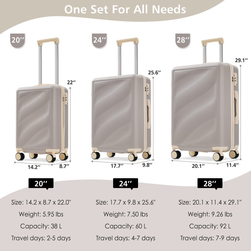 Ensemble de 3 valises de voyage à coque rigide en ABS 20/24/28 pouces avec roulettes TSA Lock